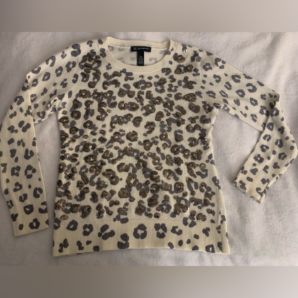 INC Wool Silk Cashmere Blend Sequin Leopard Sweater PM Animal Print Petite M - Picture 8 of 14